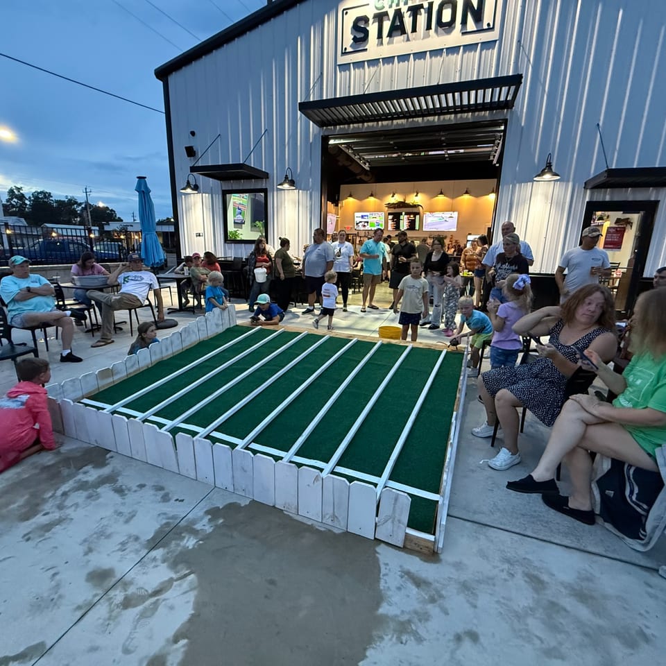 Families gathered around turtle race lanes outside Chipley Station.